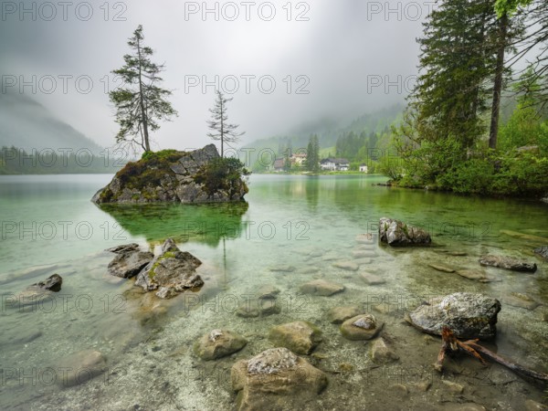 Hintersee under a cloudy rainy sky, Berchtesgaden National Park, Ramsau, Upper Bavaria, Bavaria, Germany, Europe