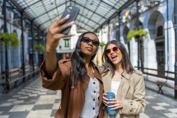 Two women are taking a selfie with a smartphone while walking down the street, holding reusable coffee cups