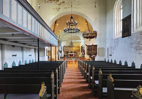 Evangelical Lutheran parish church of St. Johannis, view through the nave to the altar, Nieblum, Föhr, Schleswig-Holstein, Germany, Europe