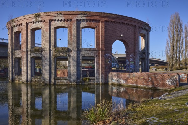 Park, pond, artificial ruin, trees, symmetrical reflections, water surface, sidelight, blue sky, cloudless, Bürgerpark Hafeninsel, Saarbrücken, state capital, regional association Saarbrücken, Saarland, Germany, Europe