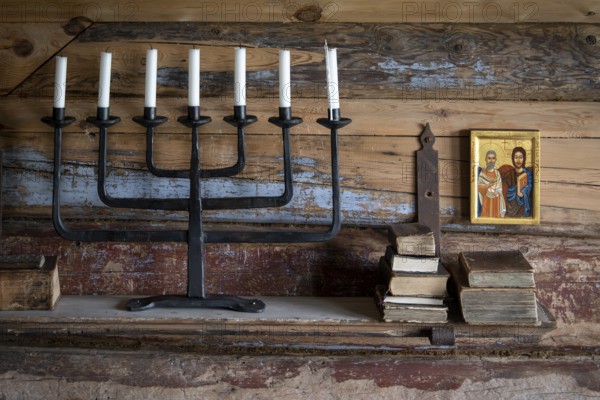 Seven-armed candlestick, icon, chapel, Fokstugu farm, Fjellstue, pilgrims' accommodation, mountain hut, Olav's Path, Olavsleden or Pilgrims' Path, Dovrefjell-Sunndalsfjella National Park, Norway, Europe