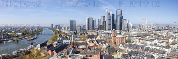 Frankfurt skyline skyscrapers in the city centre with Römer and river Main from above panorama in Frankfurt, Germany, Europe