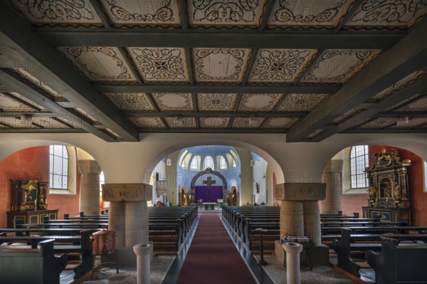 Interior with chancel of St Stephen's Church, Art Nouveau building with neo-Romanesque elements, built between 1908 and 1909, Adelsdorf, Middle Franconia, Bavaria, Germany, Europe