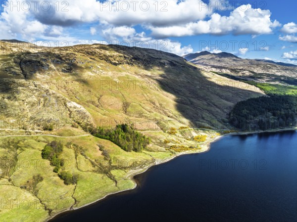 Mountains over Loch Iubhair from a drone, Crianlarich, Highlands, Scotland, United Kingdom, Europe