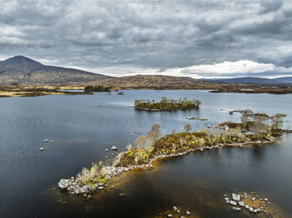 Rannoch Moor from a drone over Loch Ba and Loch of the Armpit, A82 Highland Way, Argyll and Bute, West Highlands, Scotland, United Kingdom, Europe