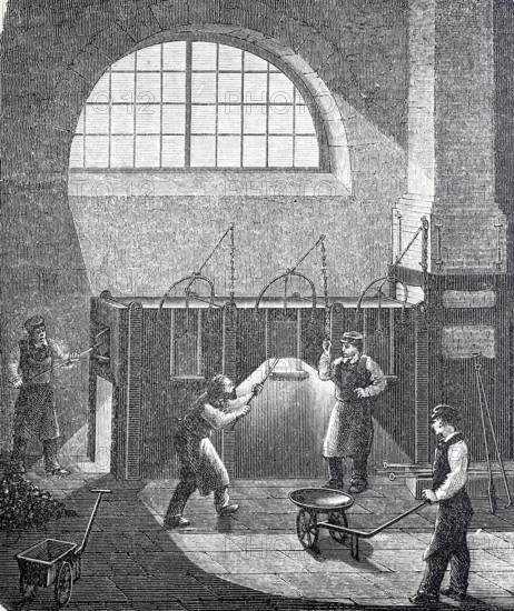 Worker at a puddling furnace, the puddling process was a widespread process in the 19th century for converting the pig iron produced in the blast furnace into wrought iron, later also into hardenable forged steel, digitally improved reproduction of a 19th century model, historical