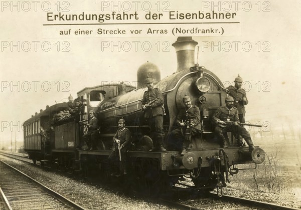 Railwaymen's reconnaissance trip on a line outside Arras, northern France, 1914 - 1918, World War I, reproduction of a wartime postcard