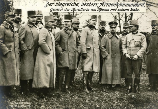 The victorious Austrian army commander, General of the Cavalry von Kövess with his staff, 1914 - 1918, 1st World War, reproduction of a war postcard