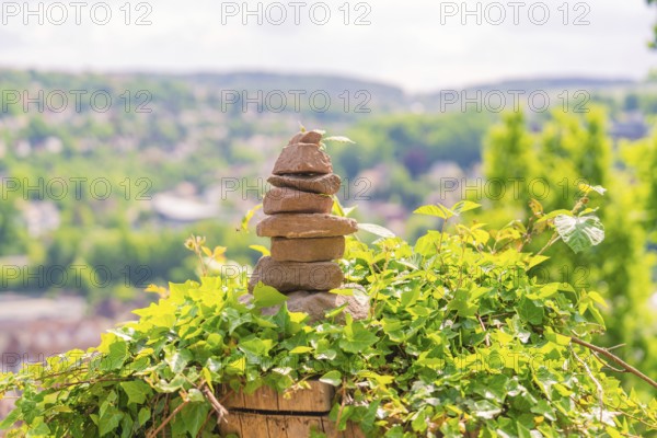 A stone tower sits on ivy, surrounded by green nature and an urban background, Panorama Holzsteg, Calw, Black Forest, Germany, Europe