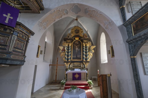 Chancel in the Evangelical Lutheran fortified church of St Nicholas, Offenhausen, Middle Franconia, Bavaria, Germany, Europe