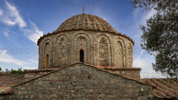 Stone church with dome in Byzantine style in front of a clear blue sky, sky exchanged, Monastery Thari, Moni Thari, near Gadouras reservoir, lonely mountain region, Rhodes, Dodecanese, Greek Islands, Greece, Europe