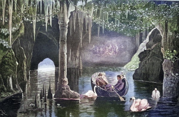 The blue grotto in Linderhof Castle, Bavaria, Germany, coloured wood engraving, reproduction from an original from ca 1888, Historical, A boat glides through a mystical cave with stalactites, surrounded by calm water and swans, Europe
