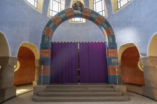Chancel with Lenten cloth of St Stephen's Church, Art Nouveau building with neo-Romanesque elements, built between 1908 and 1909, Adelsdorf, Middle Franconia, Bavaria, Germany, Europe