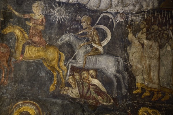 An apocalyptic fresco with riders on colourful horses and an angel of death in medieval style, Easter 2025, Church of the Dormition of the All-Holy God Bear, Kimisis tis Theotokou, Asklipio, Rhodes, Dodecanese, Greek Islands, Greece, Europe