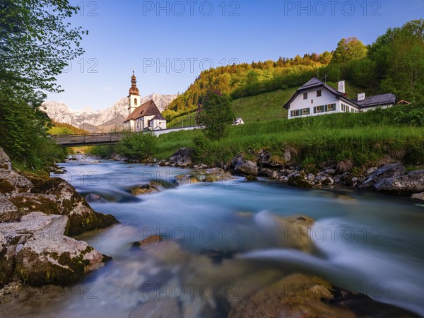 Parish church of St Sebastian on the Ramsauer Ache in the morning, Reiteralpe at the back, Ramsau, Berchtesgadener Land, Upper Bavaria, Bavaria, Germany, Europe