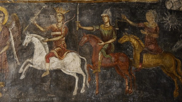 Medieval fresco showing riders on colourful horses depicting a symbolically charged scene, Easter 2025, Church of the Dormition of the All-Holy God Bear, Kimisis tis Theotokou, Asklipio, Rhodes, Dodecanese, Greek Islands, Greece, Europe