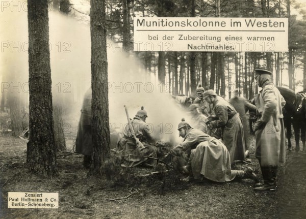 Ammunition column in the west preparing a hot supper, 1914 - 1918, World War I, reproduction of a war postcard