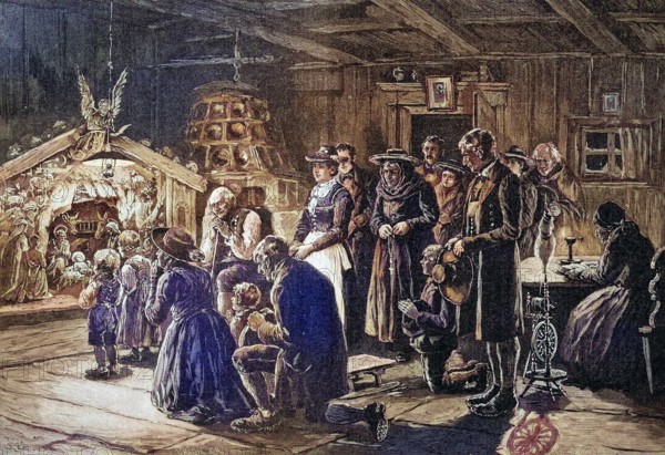 Christmas cot in Tyrol, Austria, coloured wood engraving, reproduction of a model from ca 1888, historical, family gathers in front of a Christmas cot in a festively lit room, Europe