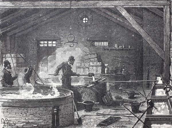 Workers in a soap factory with large vats, 1850, France, digitally enhanced reproduction of a 19th century model, historical, Europe
