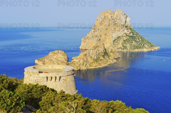 View of Torre des Savinar and Es Vedra island, Ibiza, Balearic Islands, Spain, Europe