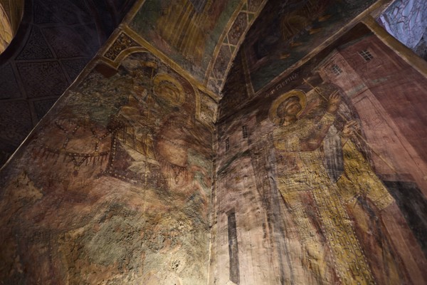 Detailed frescoes in a church depicting saints with halos and architectural elements, Thari Monastery, Moni Thari, near Gadouras Reservoir, remote mountain region, Rhodes, Dodecanese, Greek Islands, Greece, Europe