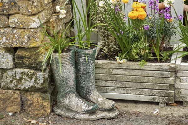 Old boots as flower pot, flowers, Bourton-on-the-Water, The Cotswolds, Gloucestershire, England, Great Britain
