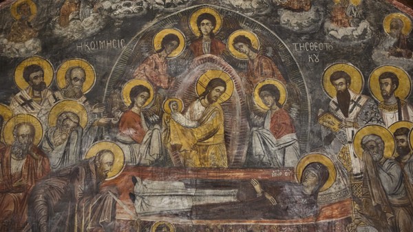 Fresco showing Christ with saints, many icons with golden decoration in an ornate frame, Easter 2025, Church of the Dormition of the All-Holy God Bear, Kimisis tis Theotokou, Asklipio, Rhodes, Dodecanese, Greek Islands, Greece, Europe