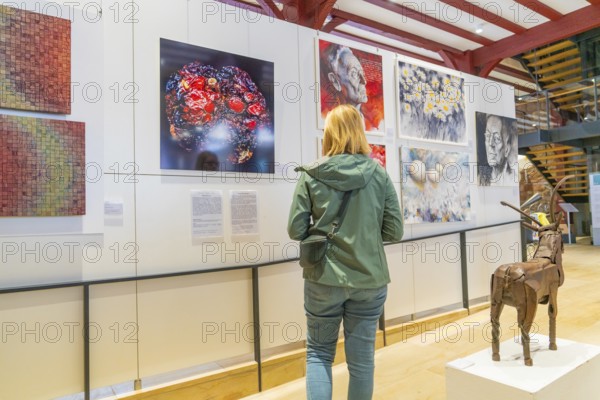 A woman in an art exhibition looks at modern artworks and sculptures, Calw, Black Forest, Germany, Europe