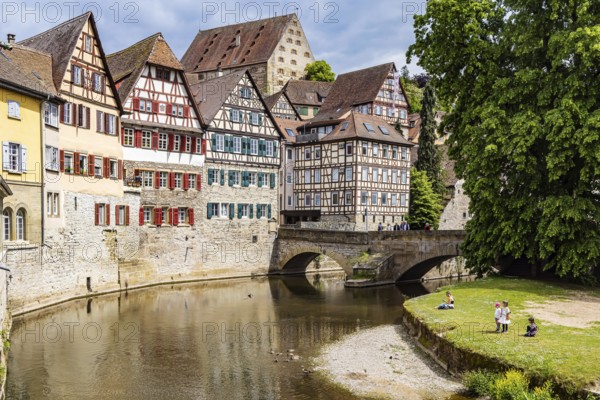 Town view with interesting half-timbered houses on the river Kocher. Historic old town centre of Schwäbisch Hall, Baden-Württemberg, Germany, Europe