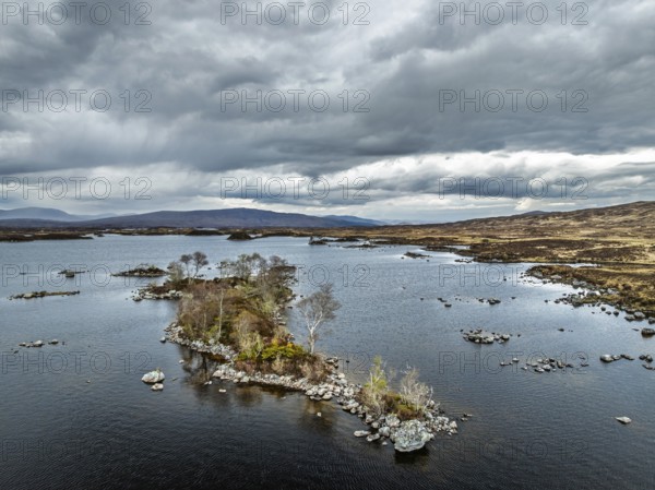 Rannoch Moor from a drone over Loch Ba and Loch of the Armpit, A82 Highland Way, Argyll and Bute, West Highlands, Scotland, United Kingdom, Europe