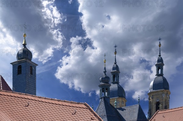 Bell towers of the parish and pilgrimage church of the Holy Trinity, basilica in Gößweinstein, Upper Franconia, Bavaria, Germany, Europe