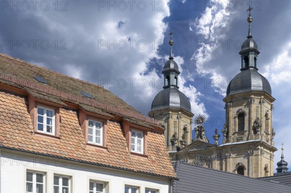Towers of the parish and pilgrimage church of the Holy Trinity, basilica in Gößweinstein, Upper Franconia, Bavaria, Germany, Europe