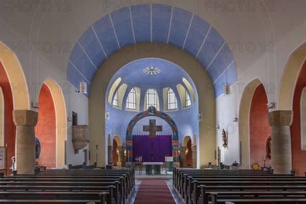 Interior with Lenten cloth in front of the altar in the church of St Stephanus, Art Nouveau building with neo-Romanesque elements, built between 1908 and 1909, Adelsdorf, Middle Franconia, Bavaria, Germany, Europe