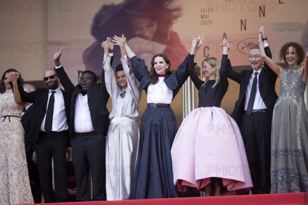 Cannes, France - 24.5.2024: Juliette Binoche, Jury President of the 78th Cannes Film Festival, and Jury Members (L-R) Halle Berry, Payal Kapadia, Alba Rohrwacher, Leila Slimani, Dieudo Hamadi, Hong Sang-soo, Carlos Reygadas, Jeremy Strong (not pictured) during the Closing Ceremony at the 78th Cannes International Film Festival. The film festival will take place from 13 to 24 May 2025