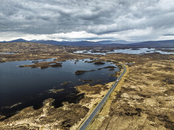 Rannoch Moor from a drone over Loch Ba and Loch of the Armpit, A82 Highland Way, Argyll and Bute, West Highlands, Scotland, United Kingdom, Europe