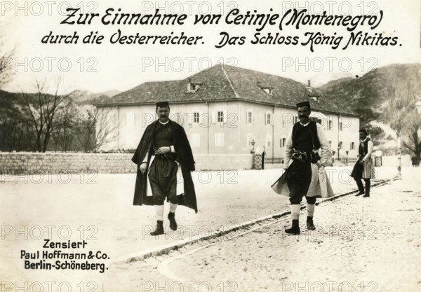 On the capture of Cetinje Montenegro by the Austrians. King Nikita's Castle, 1914 - 1918, World War I, reproduction of a war postcard