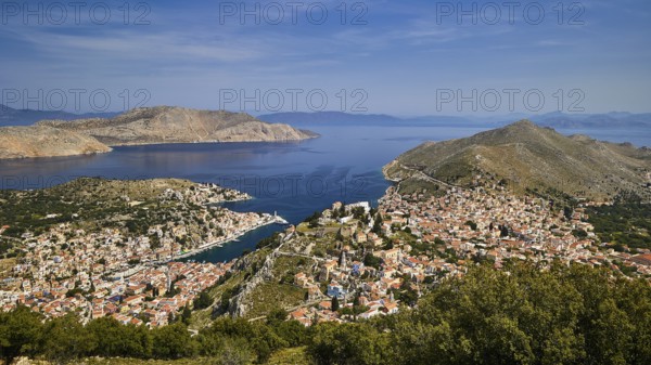 Panorama of an island with a wide sea view and blue sky, conveys peace and space, Symi Town, Symi, Dodecanese, Greek Islands, Greece, Europe