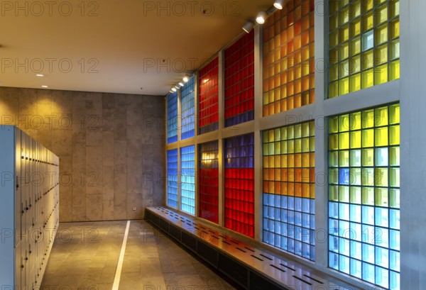 Colourful mosaic glass windows in the foyer of the Berlin State Library, Germany, Europe