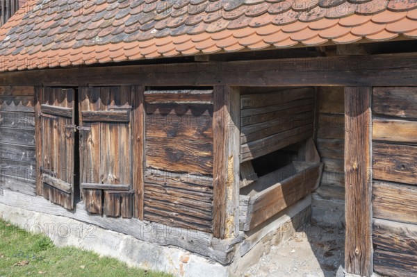 Historic bristle cattle stables from the castle farm, Adelsdorfer Schlosshof, now a foundation, Adfelsdorf, Middle Franconia, Bavaria, Germany, Europe