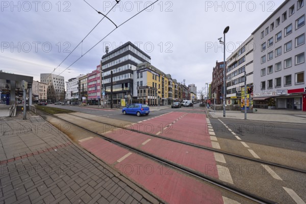 Underground station, general architecture, modern buildings, tram tracks, overhead line, vehicles, diffuse light, cloudy, streets, intersection between Lange Laube, Münzstraße and Goseriede, Hanover, state capital, Hanover region, Lower Saxony, Germany, Europe