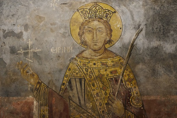 Image of a saint with a golden crown and halo on a church wall, Thari Monastery, Moni Thari, near Gadouras Reservoir, lonely mountain region, Rhodes, Dodecanese, Greek Islands, Greece, Europe