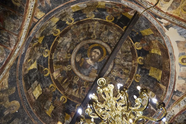 Impressive ceiling fresco with a detailed depiction of a holy figure in a dome, Easter 2025, Church of the Dormition of the All-Holy God Bear, Kimisis tis Theotokou, Asklipio, Rhodes, Dodecanese, Greek Islands, Greece, Europe