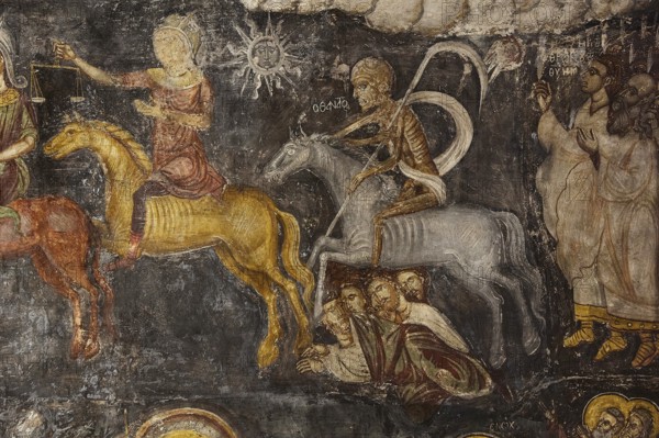Apocalyptic scene with riders on horses depicting various biblical figures in a mystical setting, Easter 2025, Church of the Dormition of the All-Holy God Bear, Kimisis tis Theotokou, Asklipio, Rhodes, Dodecanese, Greek Islands, Greece, Europe