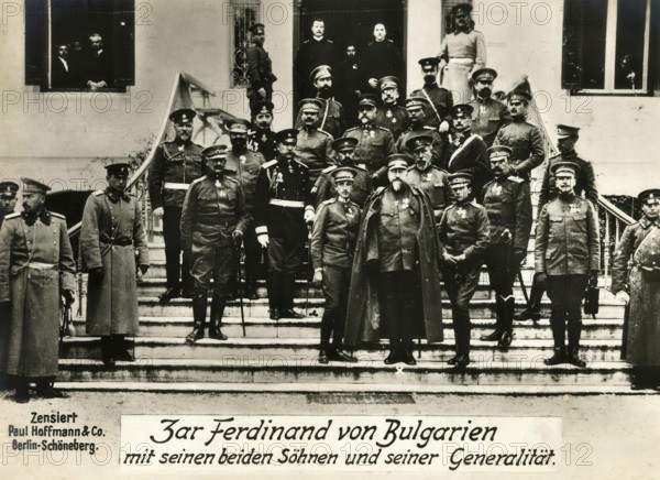Tsar Ferdinand of Bulgaria with his two sons and his generals, 1914 - 1918, World War I, reproduction of a war postcard