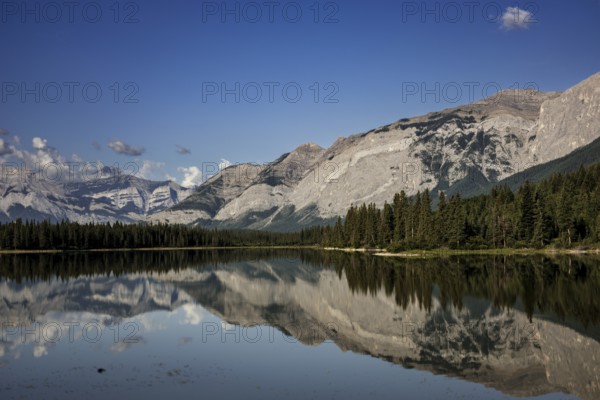 A calm lake reflects surrounding Canadian Rocky Mountains and forests under a clear blue sky with scattered clouds in Alberta, Canada, North America