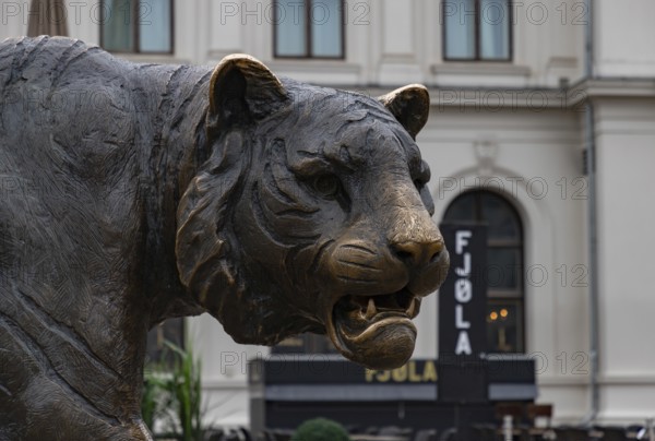 A close-up picture of the iconic Tiger statue of Oslo, at the Jernbanetorget Square. Designed by Elena Engelsen in 2000
