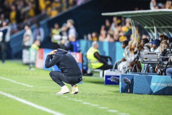 BRISBANE, AUSTRALIA, JULY 27: Tony Gustavsson, head coach of Australia Matildas reacts as Australia plays Nigeria at the FIFA Women's World Cup Australia New Zealand 2023 at Brisbane Stadium on July 27, 2023
