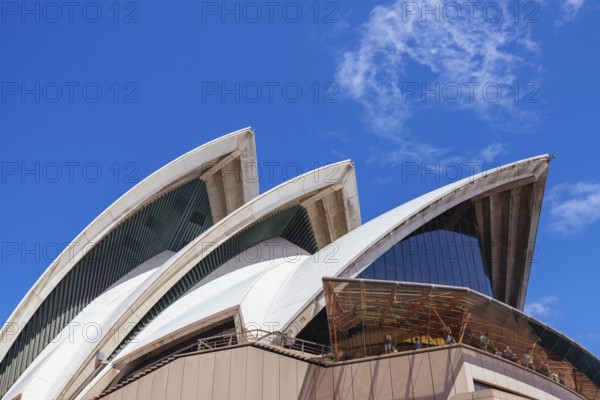 SYDNEY, AUSTRALIA, MARCH 4 2023: Sydney Opera House architectural closeup on a hot autumn day in Sydney, New South Wales, Australia, Oceania