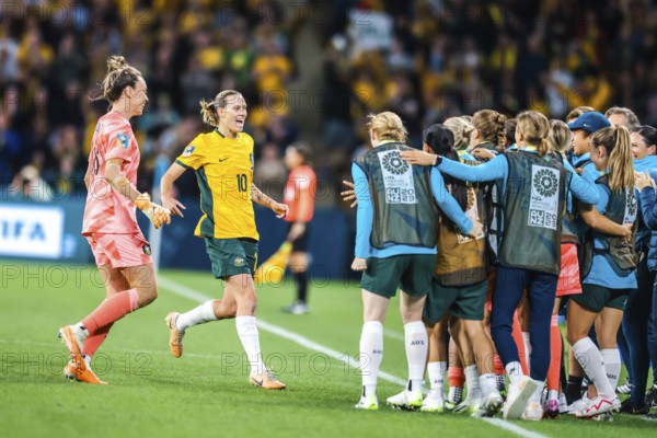 BRISBANE, AUSTRALIA, JULY 27: Emily VAN EGMOND of Australia celebrates scoring as Australia plays Nigeria at the FIFA Women's World Cup Australia & New Zealand 2023 at Brisbane Stadium on July 27, 2023