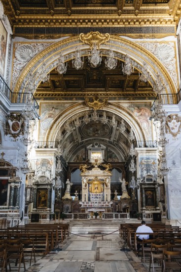 Rome, Italy, August 20, 2016: Interior view of Basilica dell'Ara Coeli. The church is built as a nave and two aisles that are divided by Roman columns, Europe